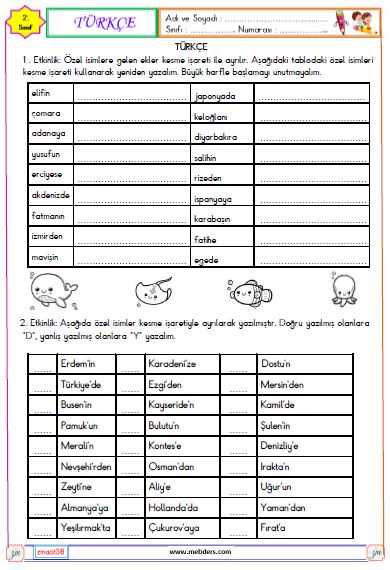 2. Sınıf Türkçe Özel İsim ve Kesme İşareti Etkinliği